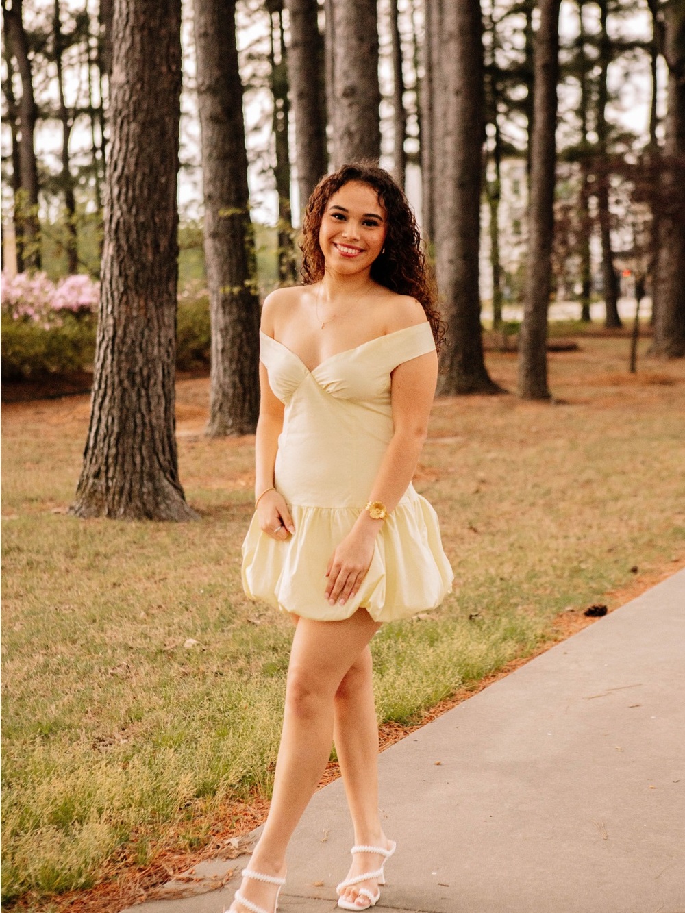 Peppermayo Off-Shoulder Bubble Hem Mini Dress - Light Yellow